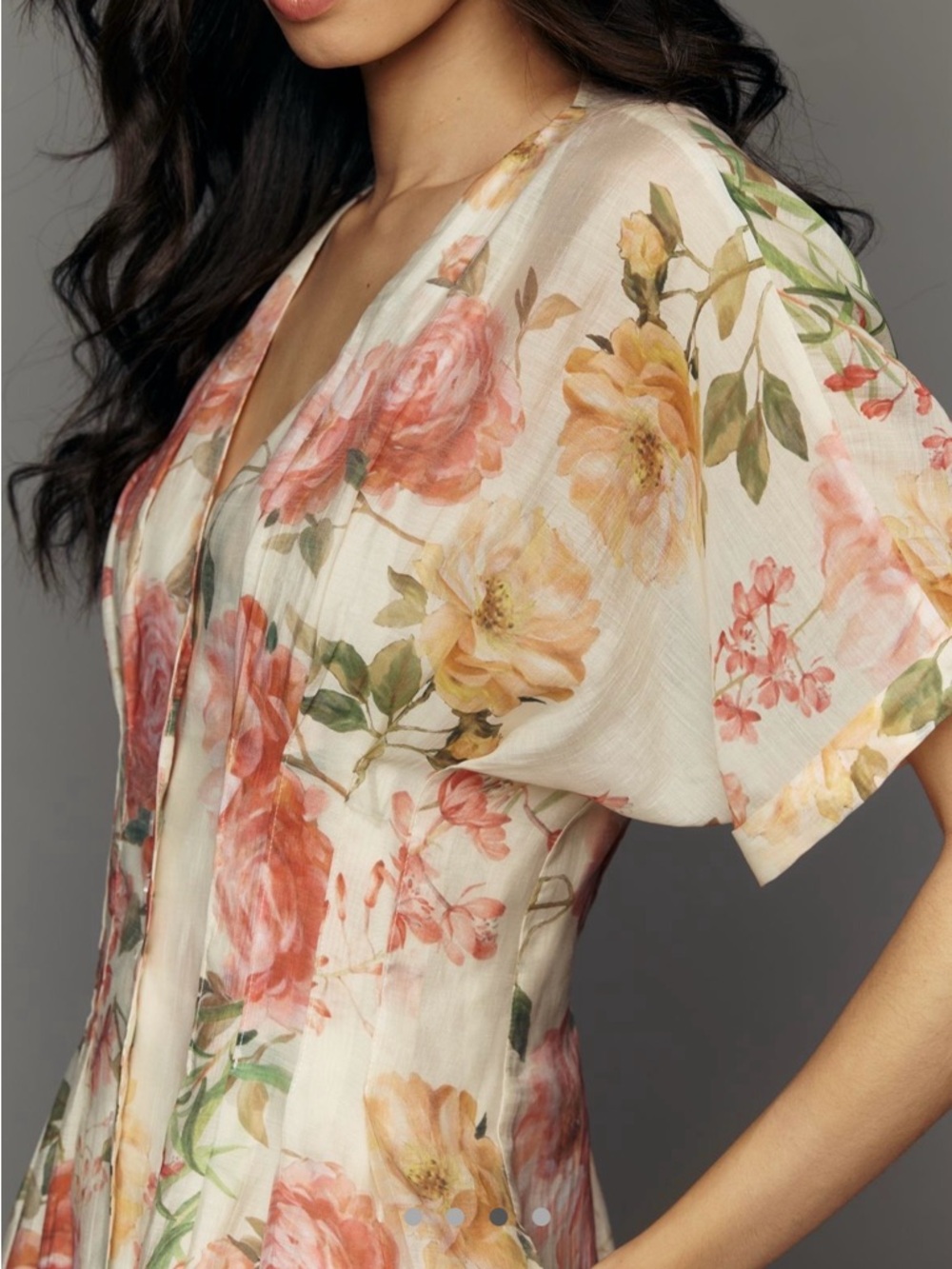 Floral V-Neck Button Front Midi Dress - Cream with Pink Roses - Picture 3 of 10